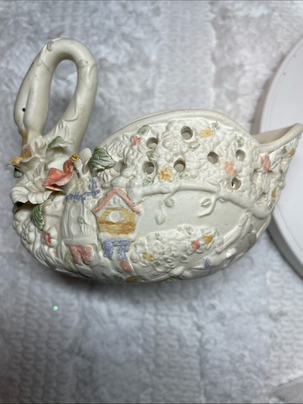 Two Decorative Ceramic Swan - Pastel White Floral